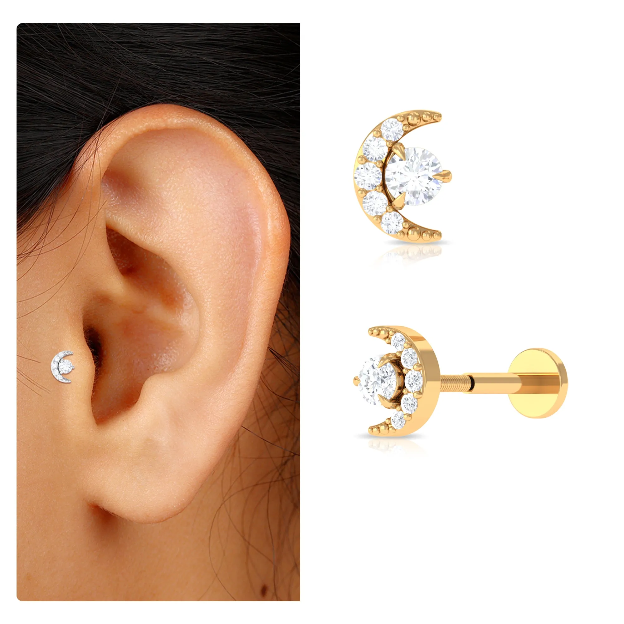 Dainty Moissanite Moon Earring for Helix Piercing