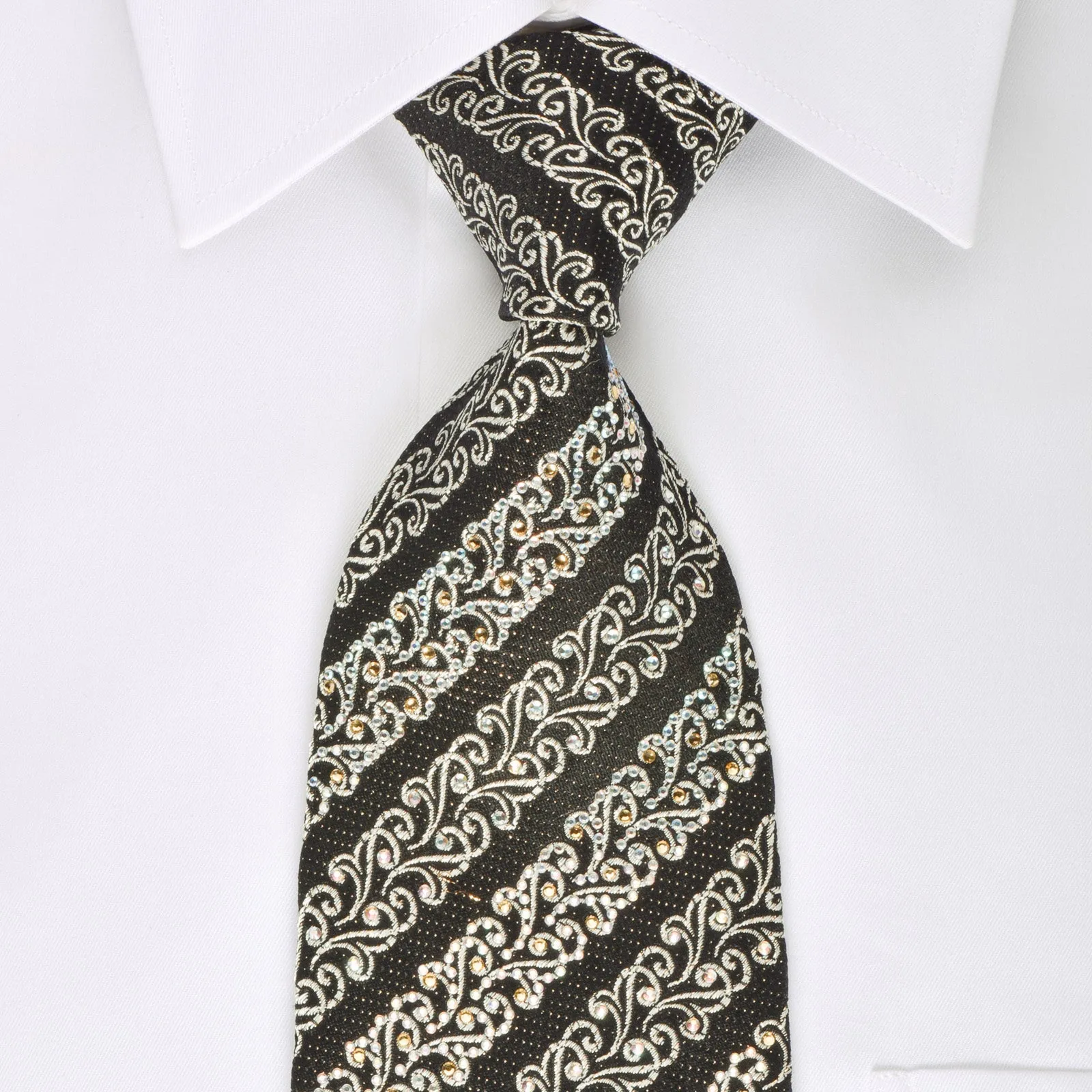 Daks Rhinestone Silk Necktie Silver Filigree On Black With Golden Sparkles