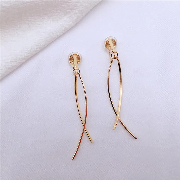 Dangle Gold Double Curved Bar Spiral Clip On Earrings