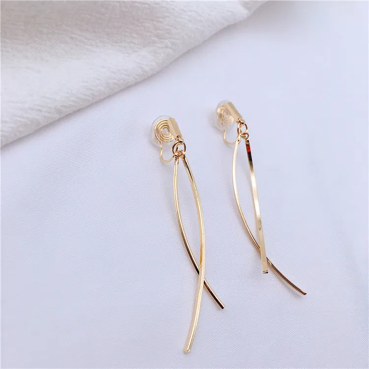 Dangle Gold Double Curved Bar Spiral Clip On Earrings