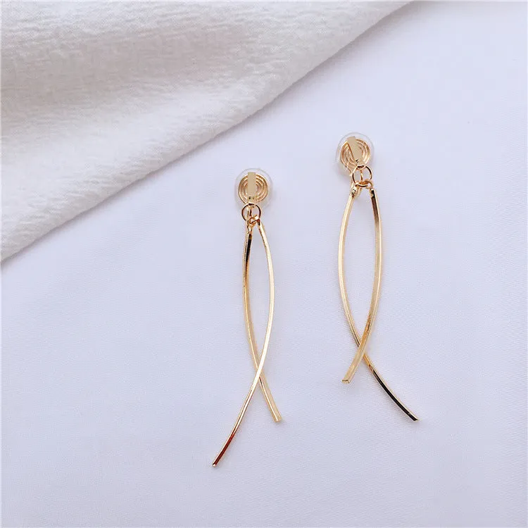 Dangle Gold Double Curved Bar Spiral Clip On Earrings