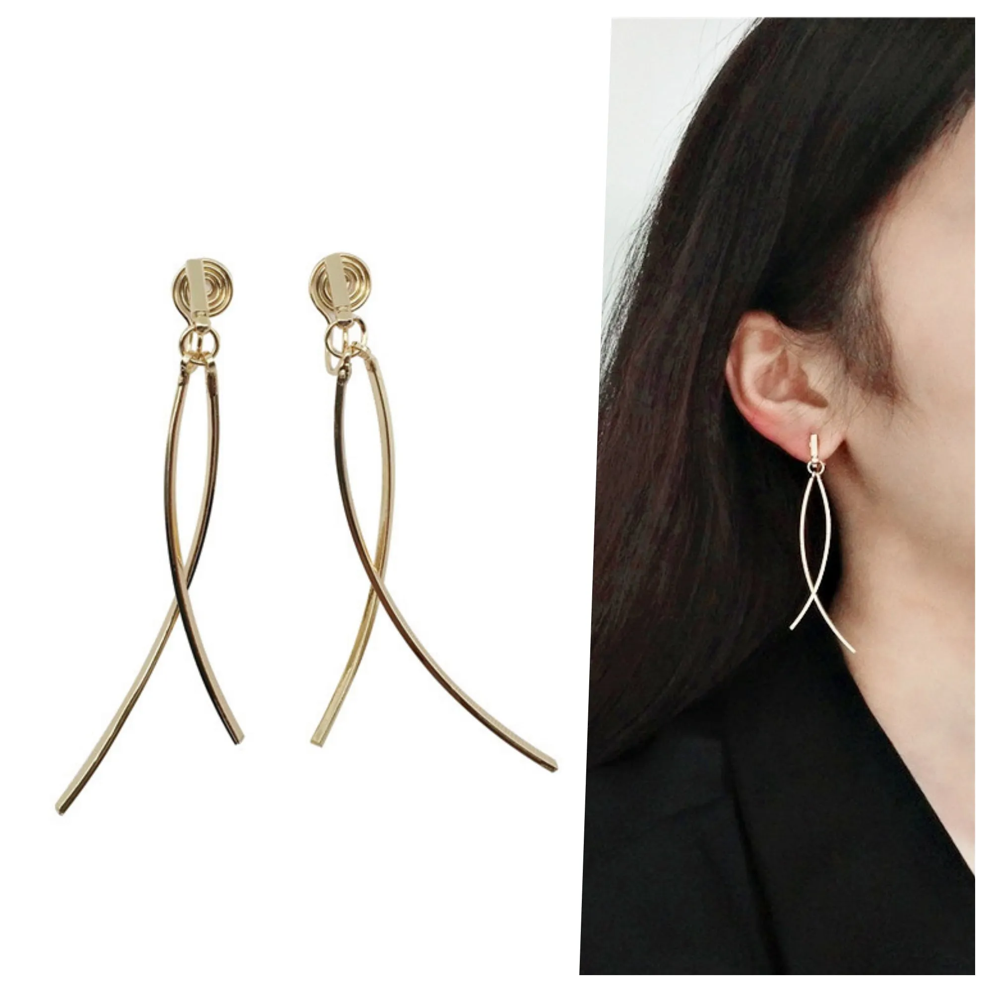 Dangle Gold Double Curved Bar Spiral Clip On Earrings