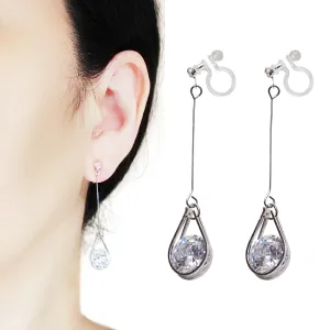 Dangle Silver Teardrop Cubic Zirconia Crystal Invisible Clip On Earrings