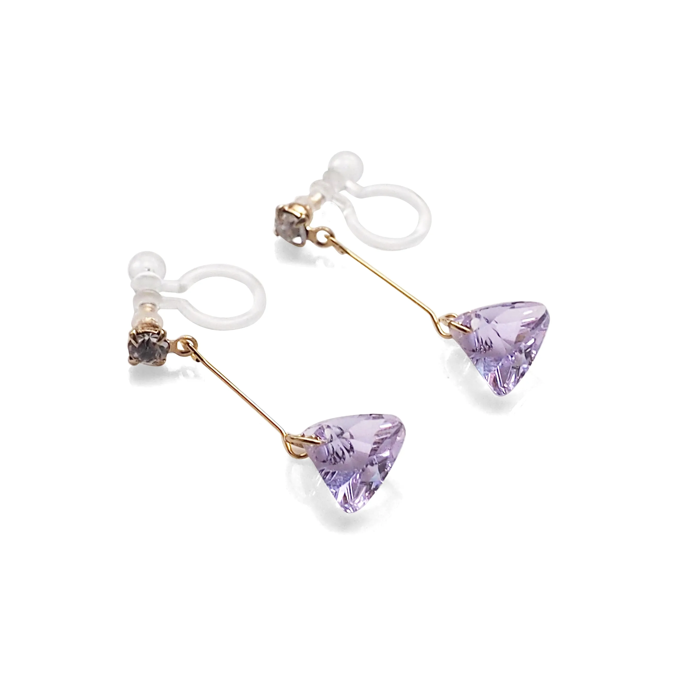 Dangle Violet Light Purple Triangle Swarovski Crystal Invisible Clip On Earrings (Gold tone)