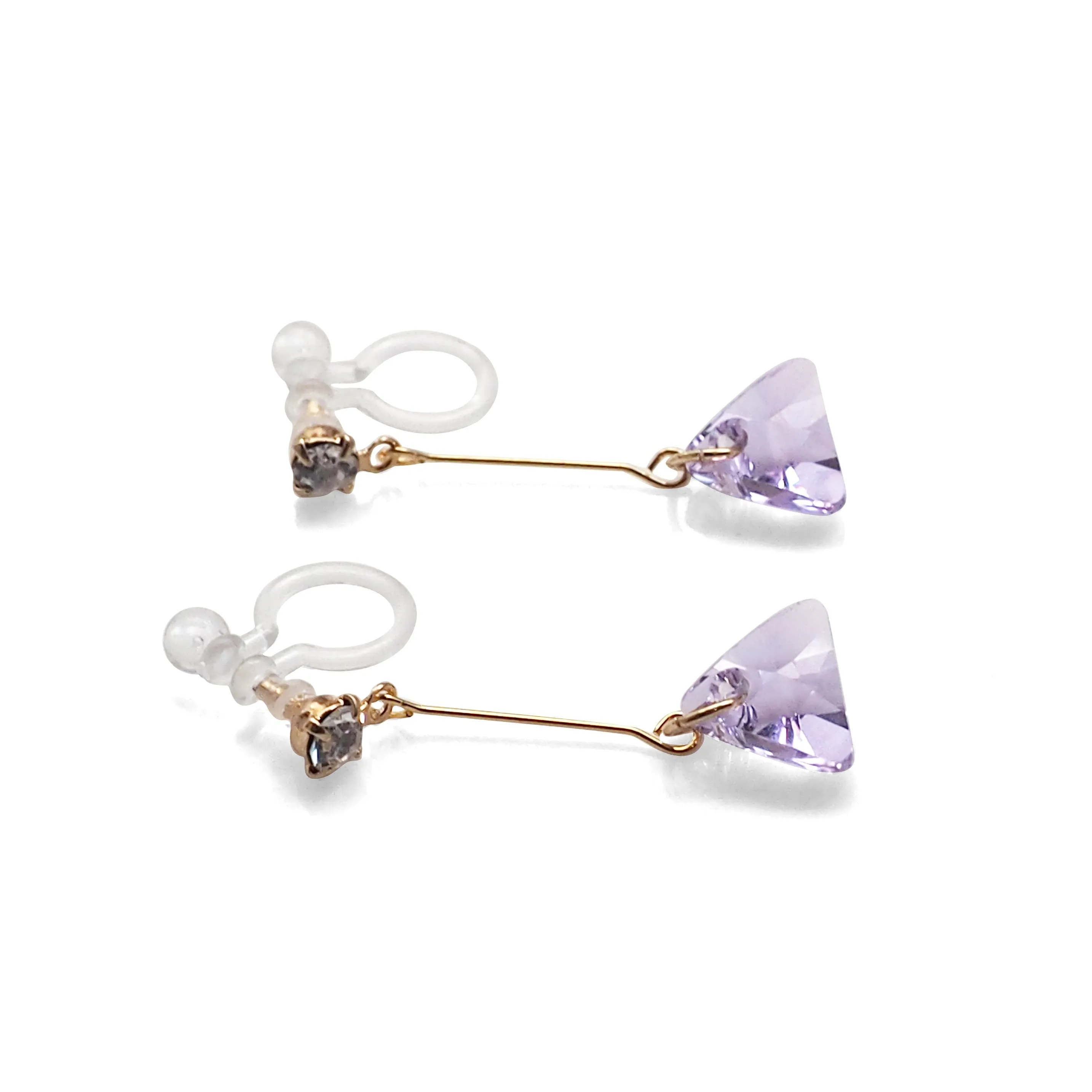 Dangle Violet Light Purple Triangle Swarovski Crystal Invisible Clip On Earrings (Gold tone)