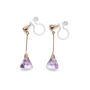 Dangle Violet Light Purple Triangle Swarovski Crystal Invisible Clip On Earrings (Gold tone)