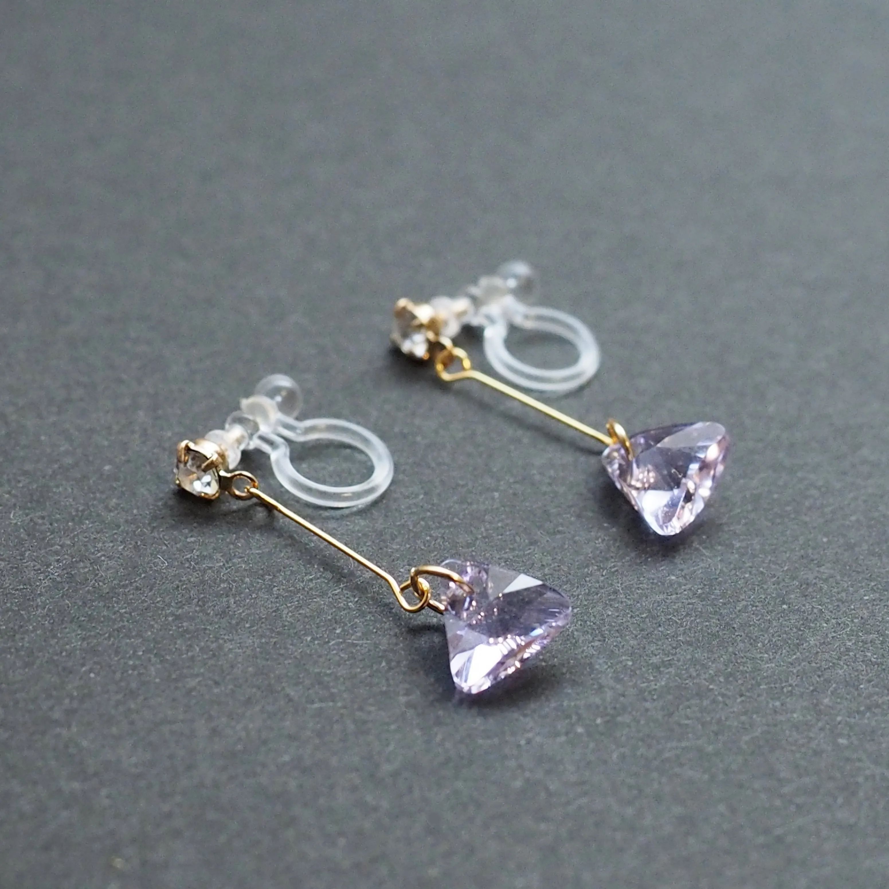 Dangle Violet Light Purple Triangle Swarovski Crystal Invisible Clip On Earrings (Gold tone)