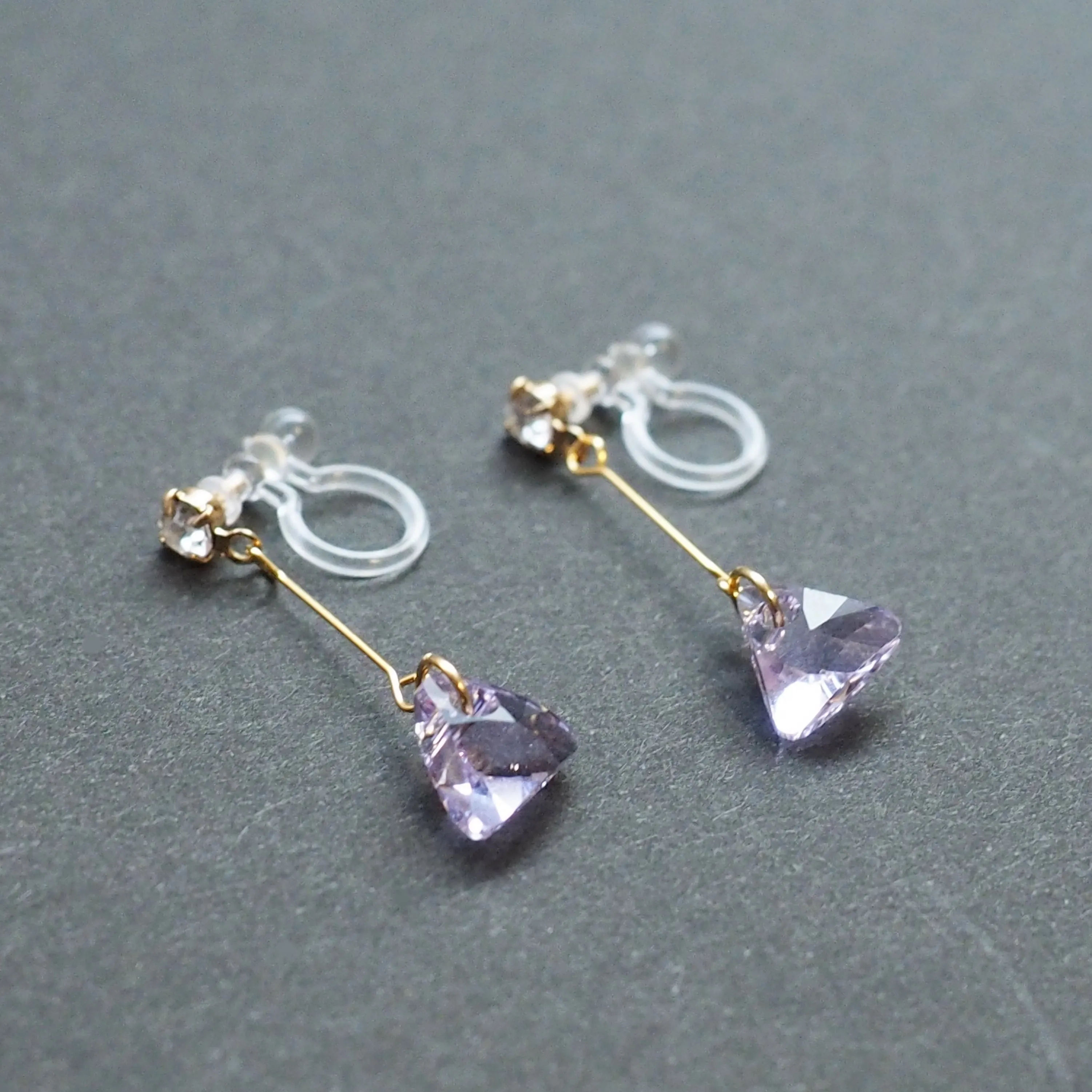 Dangle Violet Light Purple Triangle Swarovski Crystal Invisible Clip On Earrings (Gold tone)