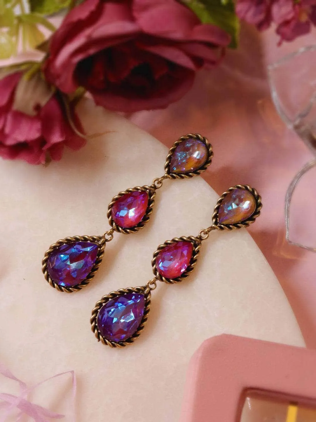 Drop 3 Tiered Earrings Purple