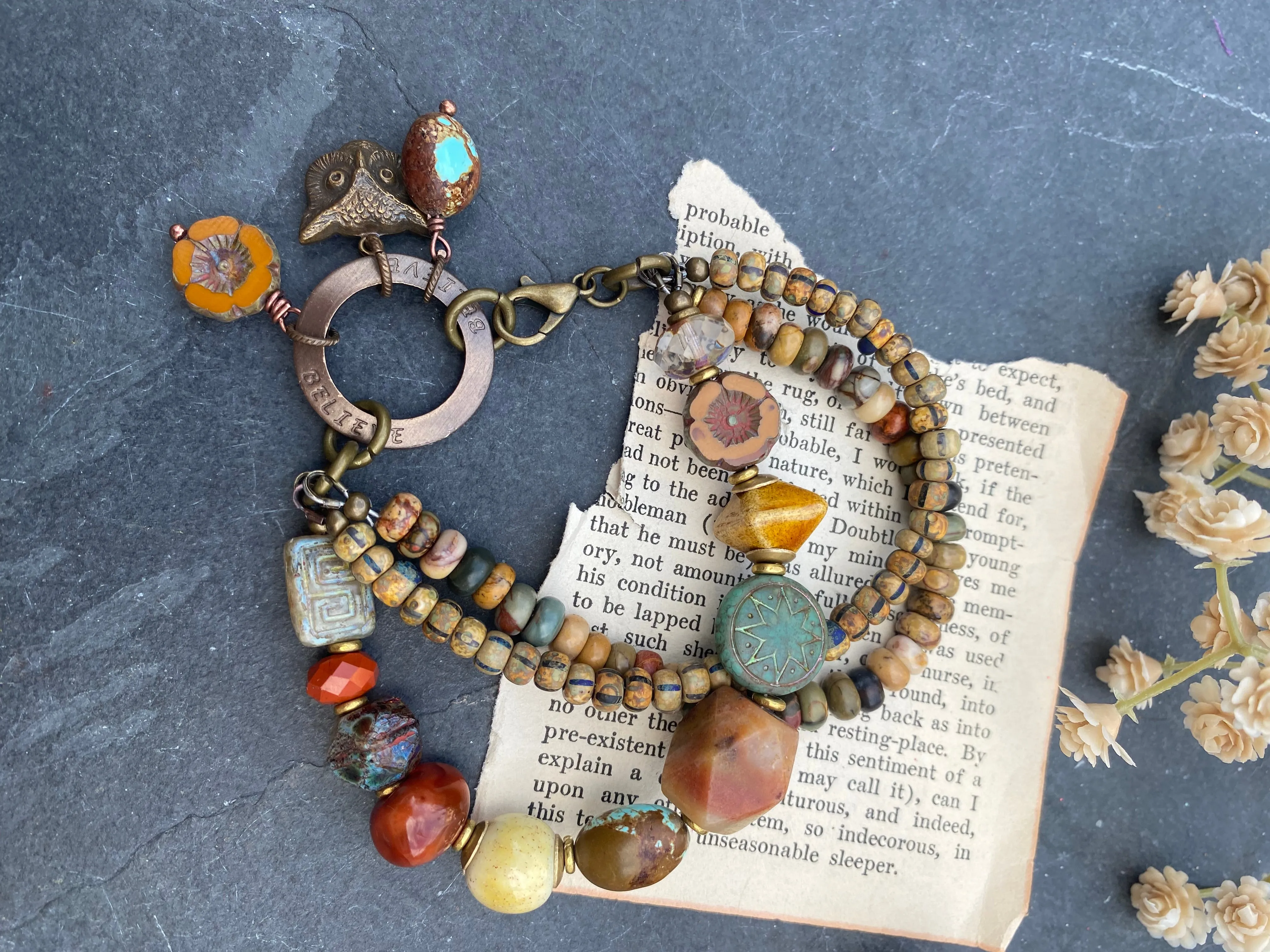 Earth tones. Mixed stone. Turquoise, Czech glass, Czech glass striped beads, handmade ceramic beads, brass metal, bracelet.