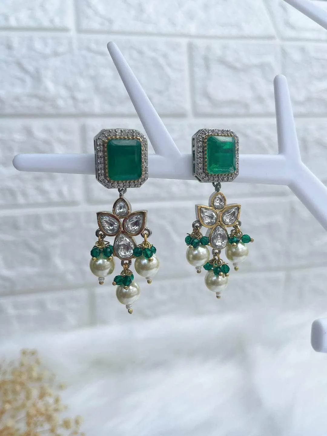 Embellished Ad Drop Earrings Dark Green