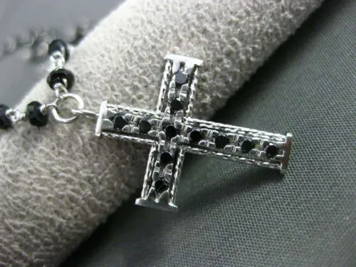 ESTATE .30CT BLACK DIAMOND & ONYX 14KT WHITE GOLD FILIGREE ROSARY CROSS NECKLACE