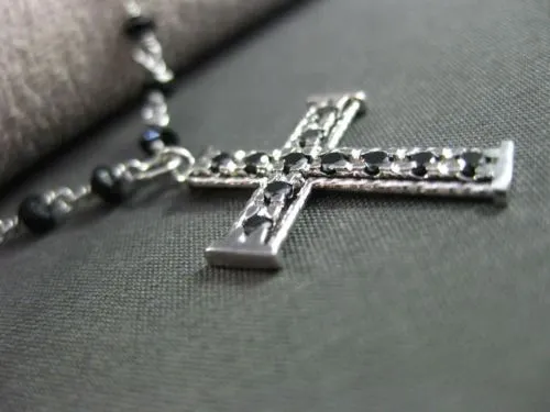 ESTATE .30CT BLACK DIAMOND & ONYX 14KT WHITE GOLD FILIGREE ROSARY CROSS NECKLACE