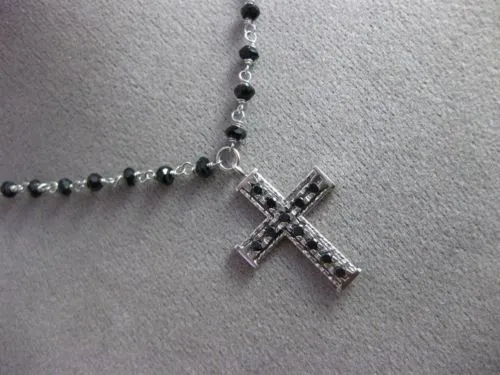 ESTATE .30CT BLACK DIAMOND & ONYX 14KT WHITE GOLD FILIGREE ROSARY CROSS NECKLACE