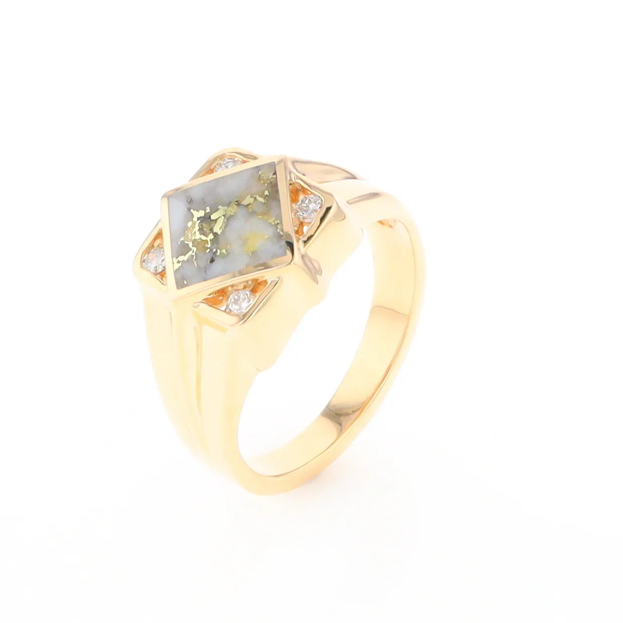 Gold Quartz Ring Diamond Shape Inlaid with .16ctw Round Diamonds