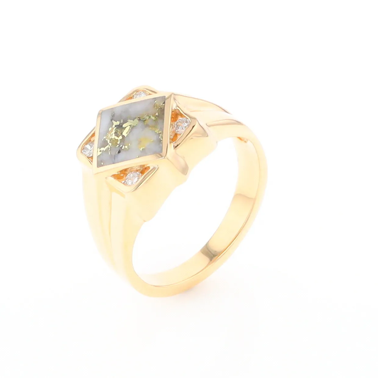 Gold Quartz Ring Diamond Shape Inlaid with .16ctw Round Diamonds