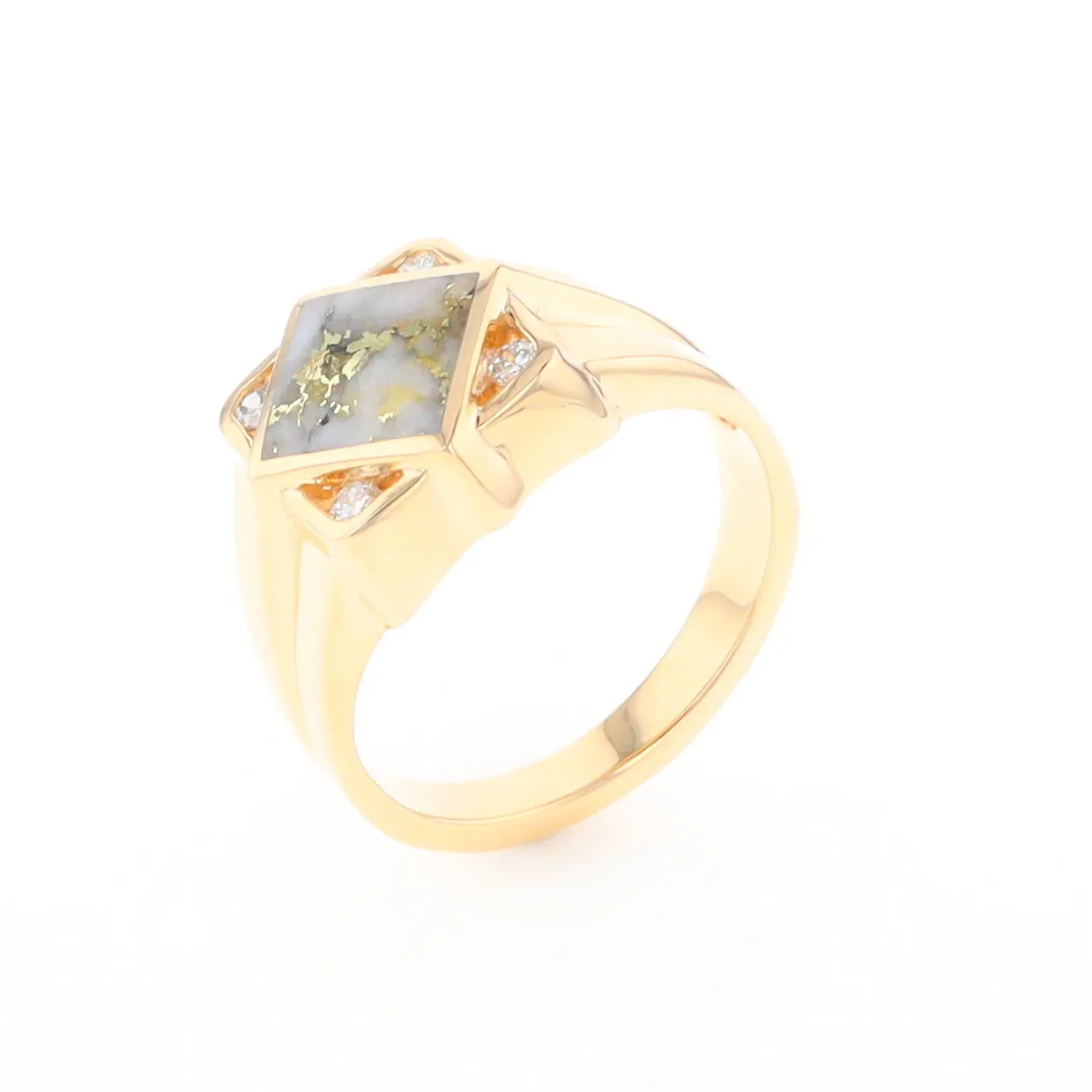 Gold Quartz Ring Diamond Shape Inlaid with .16ctw Round Diamonds