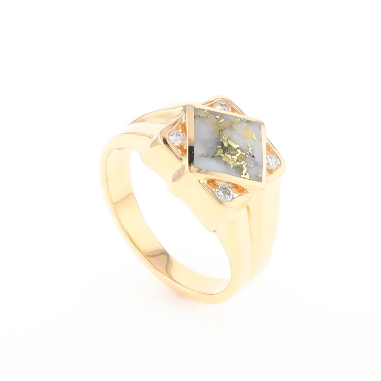 Gold Quartz Ring Diamond Shape Inlaid with .16ctw Round Diamonds