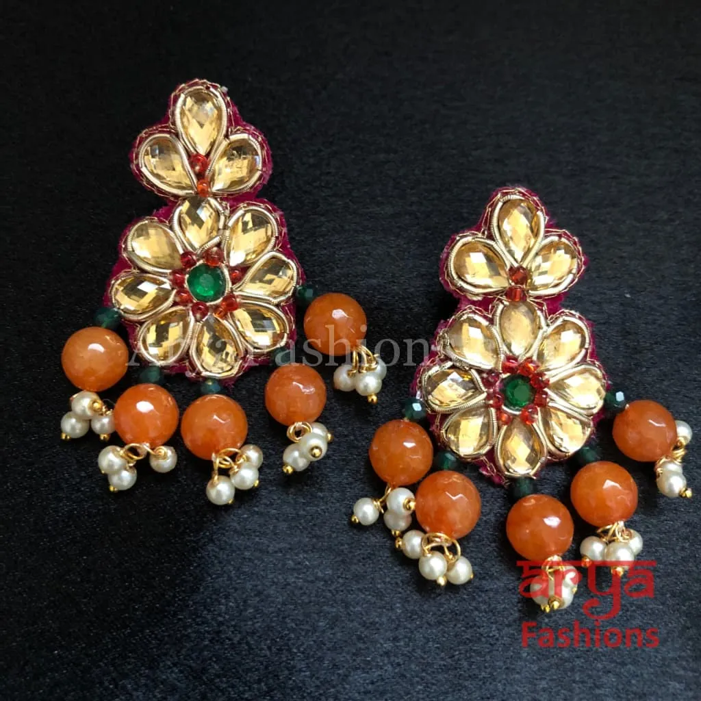 Gota Patti Chandbali/ Ethnic Kundan Chandbali Earrings/ Handmade Earrings with beads