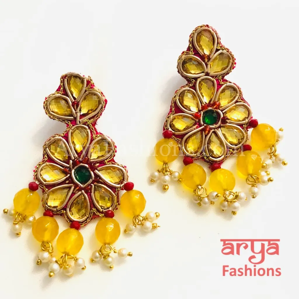 Gota Patti Chandbali/ Ethnic Kundan Chandbali Earrings/ Handmade Earrings with beads