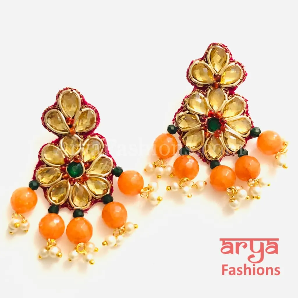 Gota Patti Chandbali/ Ethnic Kundan Chandbali Earrings/ Handmade Earrings with beads