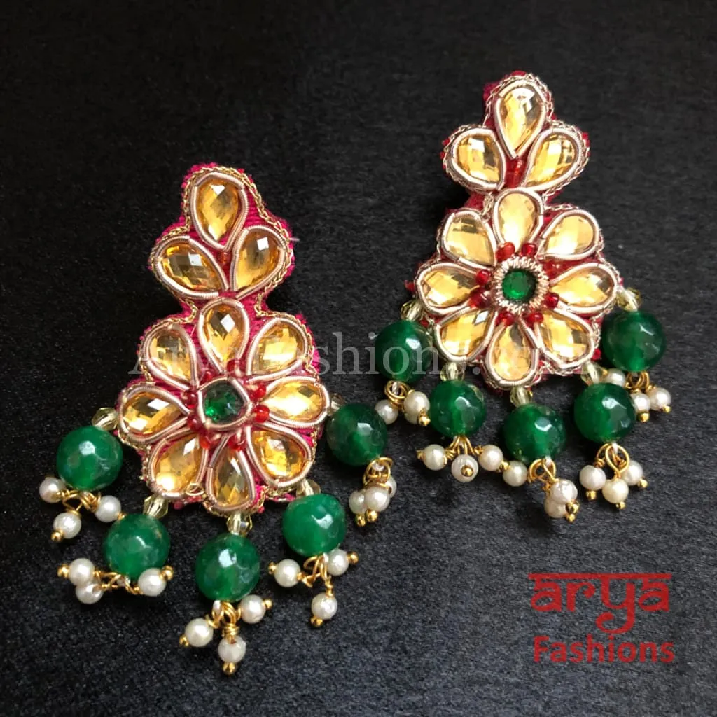 Gota Patti Chandbali/ Ethnic Kundan Chandbali Earrings/ Handmade Earrings with beads