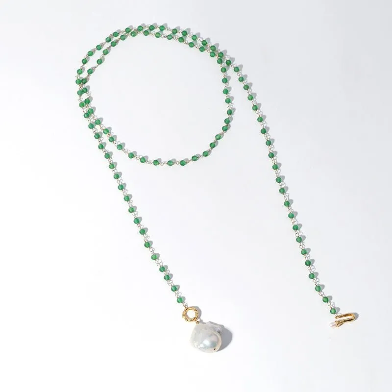 Green Onyx Baroque Pearl Necklace Multilayer Long Sweater Chain