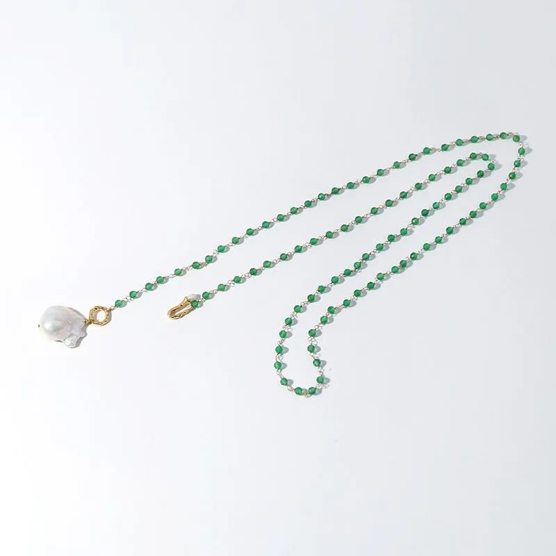 Green Onyx Baroque Pearl Necklace Multilayer Long Sweater Chain