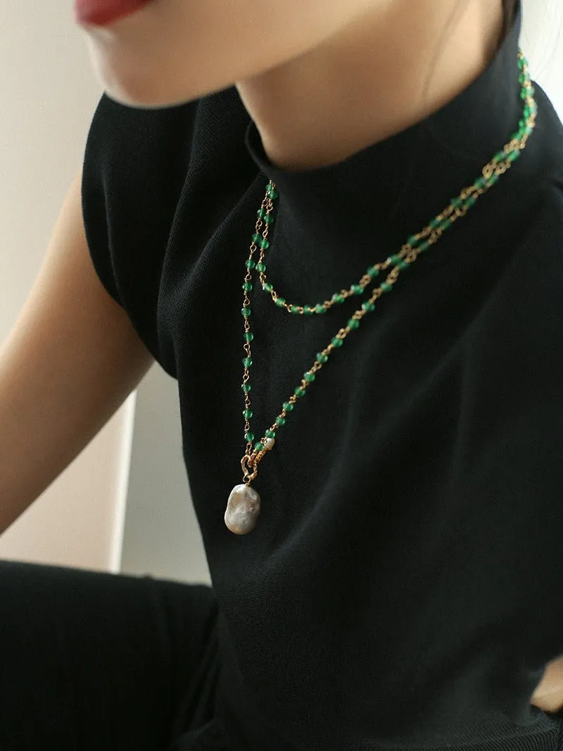 Green Onyx Baroque Pearl Necklace Multilayer Long Sweater Chain