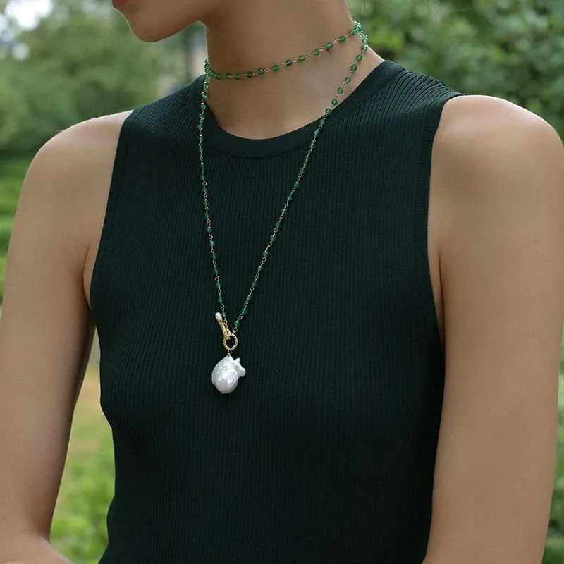 Green Onyx Baroque Pearl Necklace Multilayer Long Sweater Chain