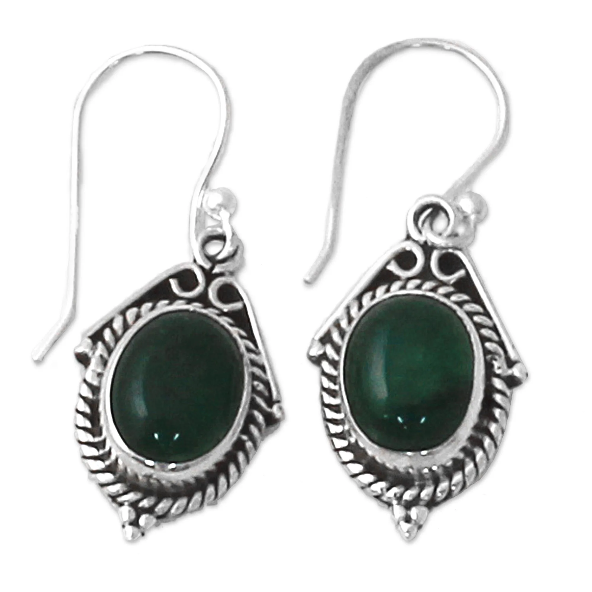 Hand Made Sterling Silver Green Onyx Dangle Earrings India - Charming Green | NOVICA