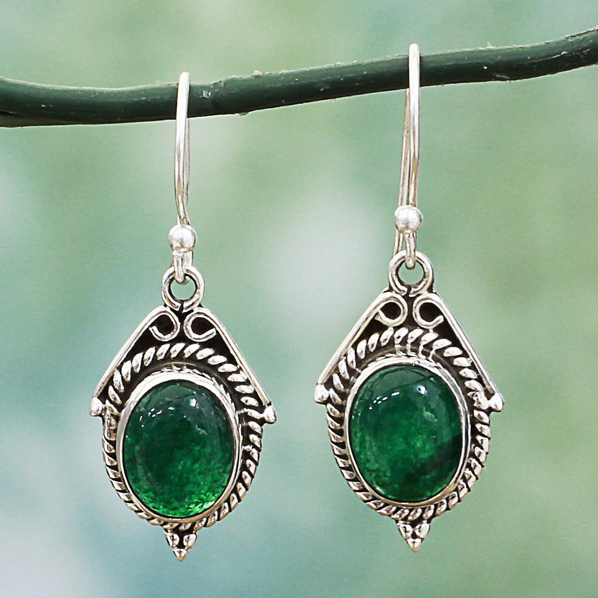 Hand Made Sterling Silver Green Onyx Dangle Earrings India - Charming Green | NOVICA