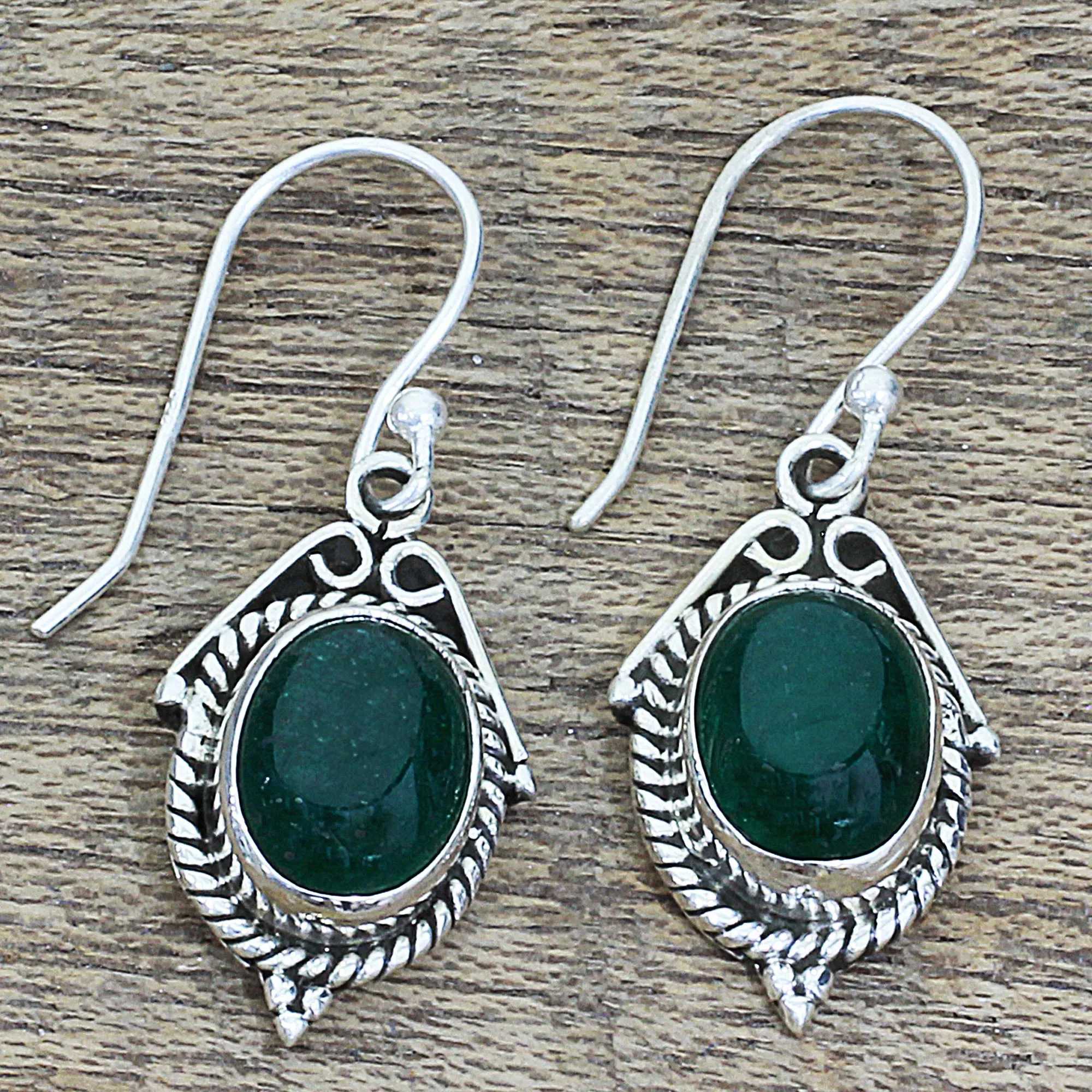 Hand Made Sterling Silver Green Onyx Dangle Earrings India - Charming Green | NOVICA