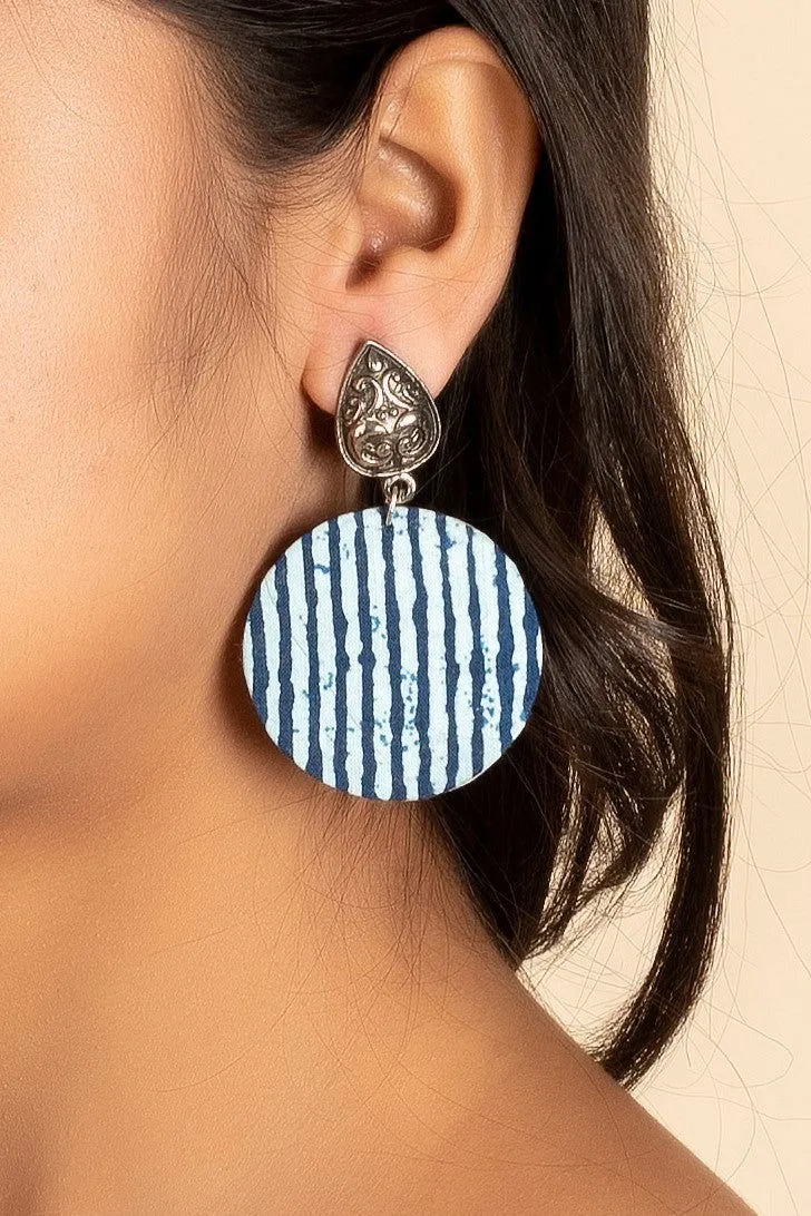 Handmade German Silver Stud Indigo Blue and White Fabric Drop Design Earrings - Non-Allergic and Safe