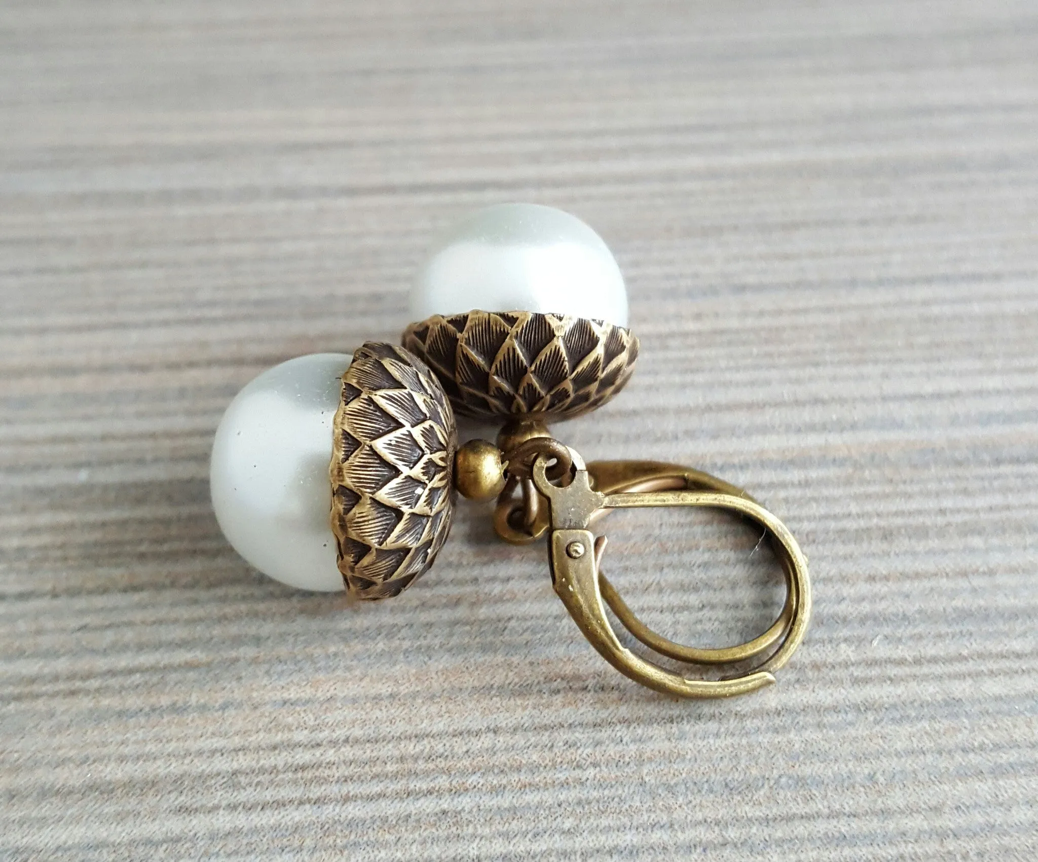 Handmade White Glass Pearl Acorn Earrings