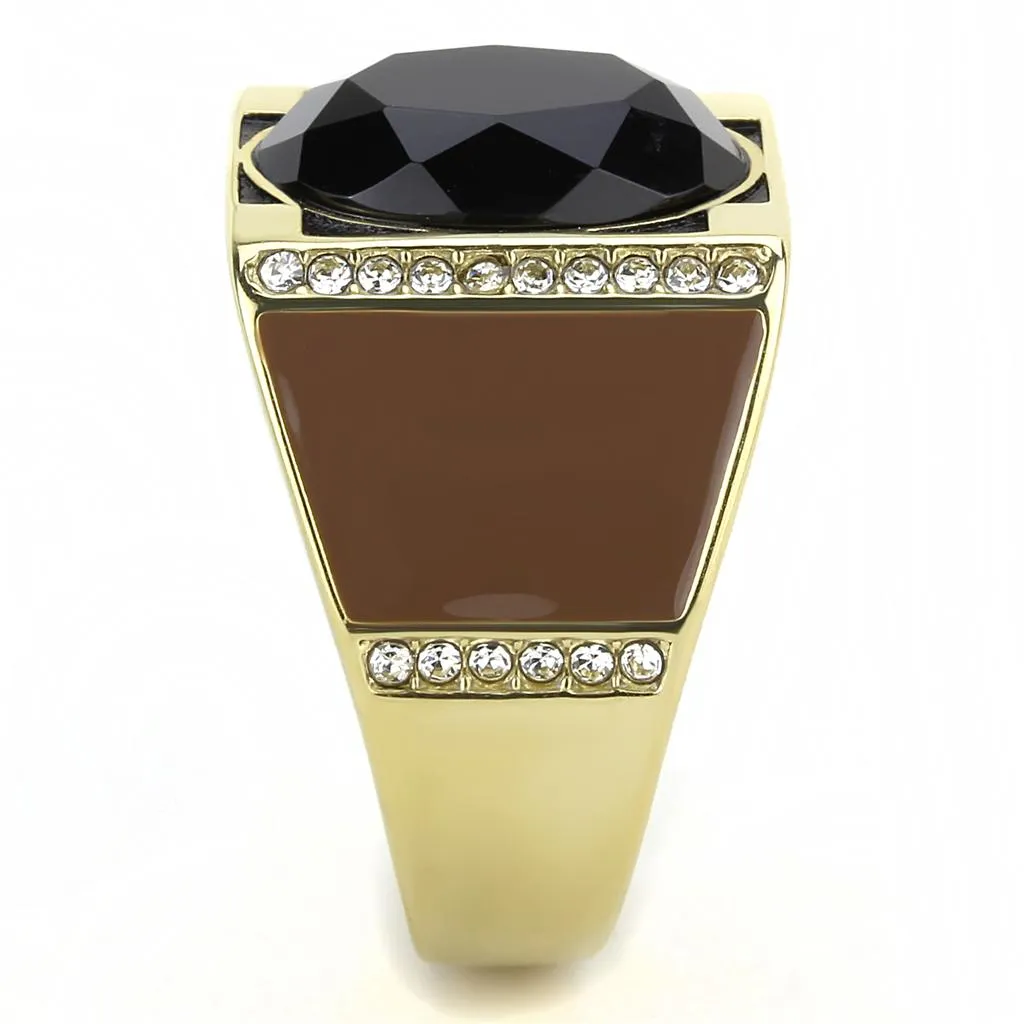 IP Gold(Ion Plating) Stainless Steel Ring with Synthetic Onyx in Jet for Women Style TK3465