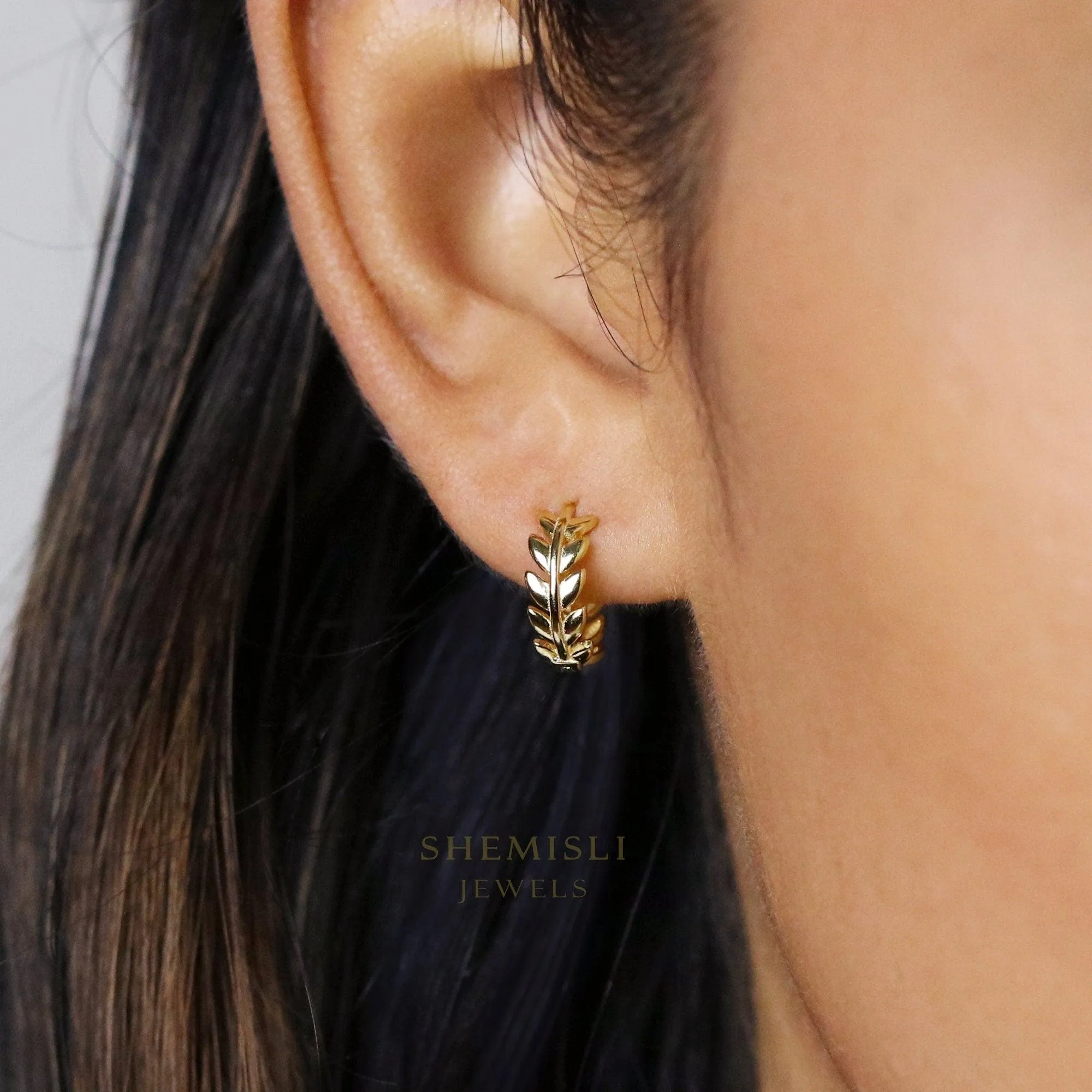 Leaf Hoop Earrings, Olive Leaf Huggies, Gold, Silver SHEMISLI - SH208