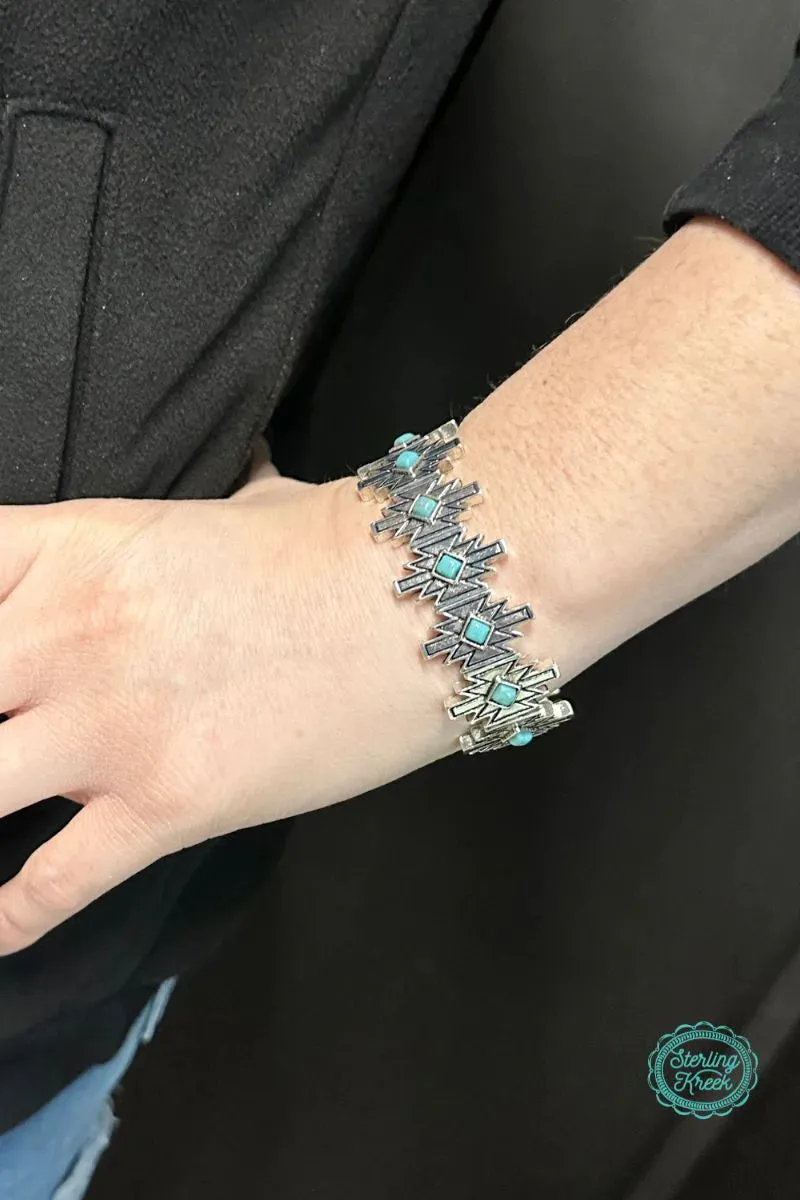 Meeko Bracelet - Silver Aztec Shapes Turquoise Jewelry for Bourbon Cowgirl