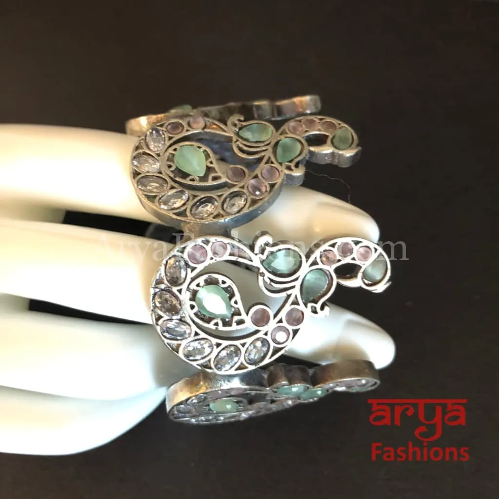 Mint Green Openable Cuff Bracelet/ Oxidized Silver Bracelet/ Ethnic Indian Tribal Bracelet