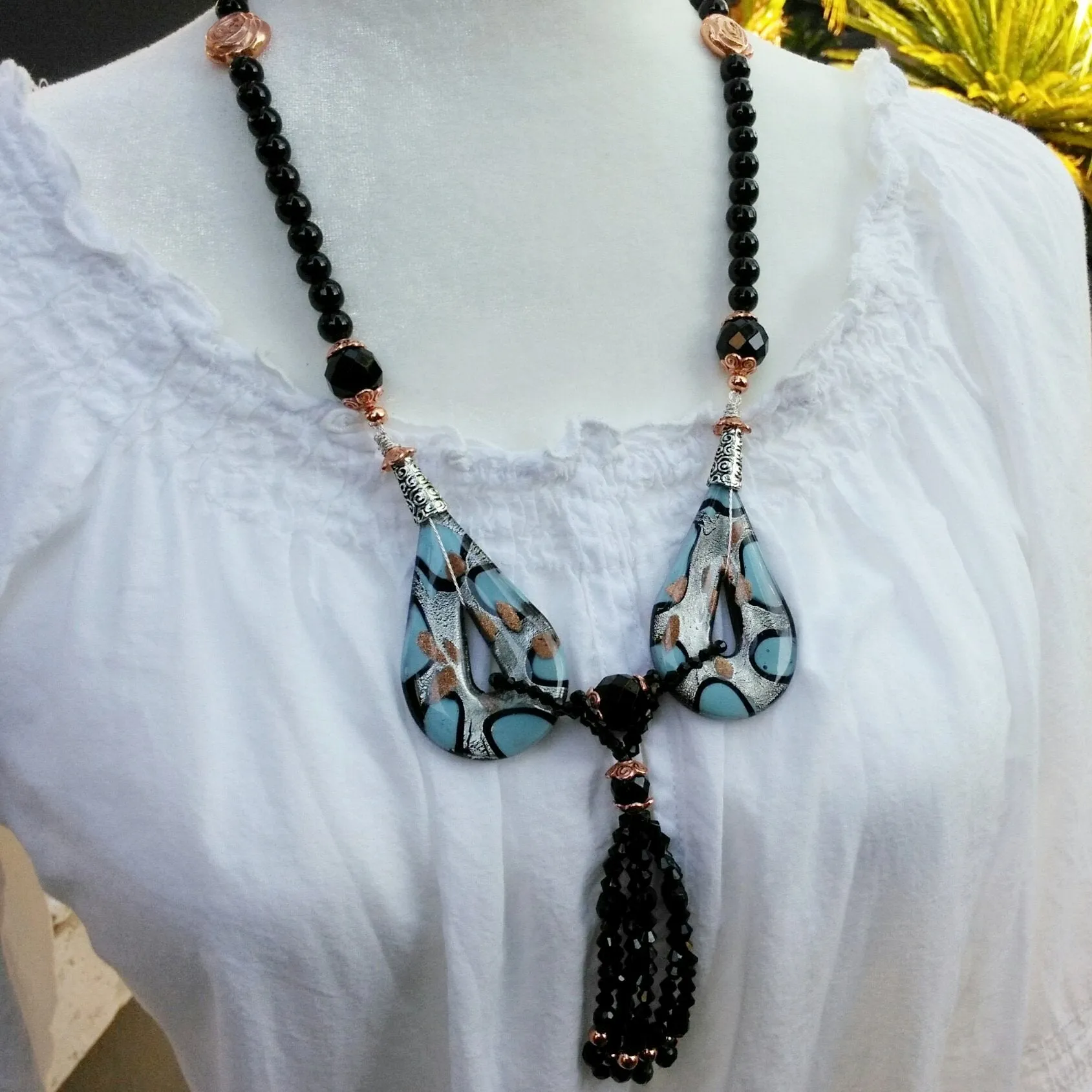 Murano Glass Pendant Tassel Statement Necklace, Handmade Glass Sautoir, Long Statement Necklace