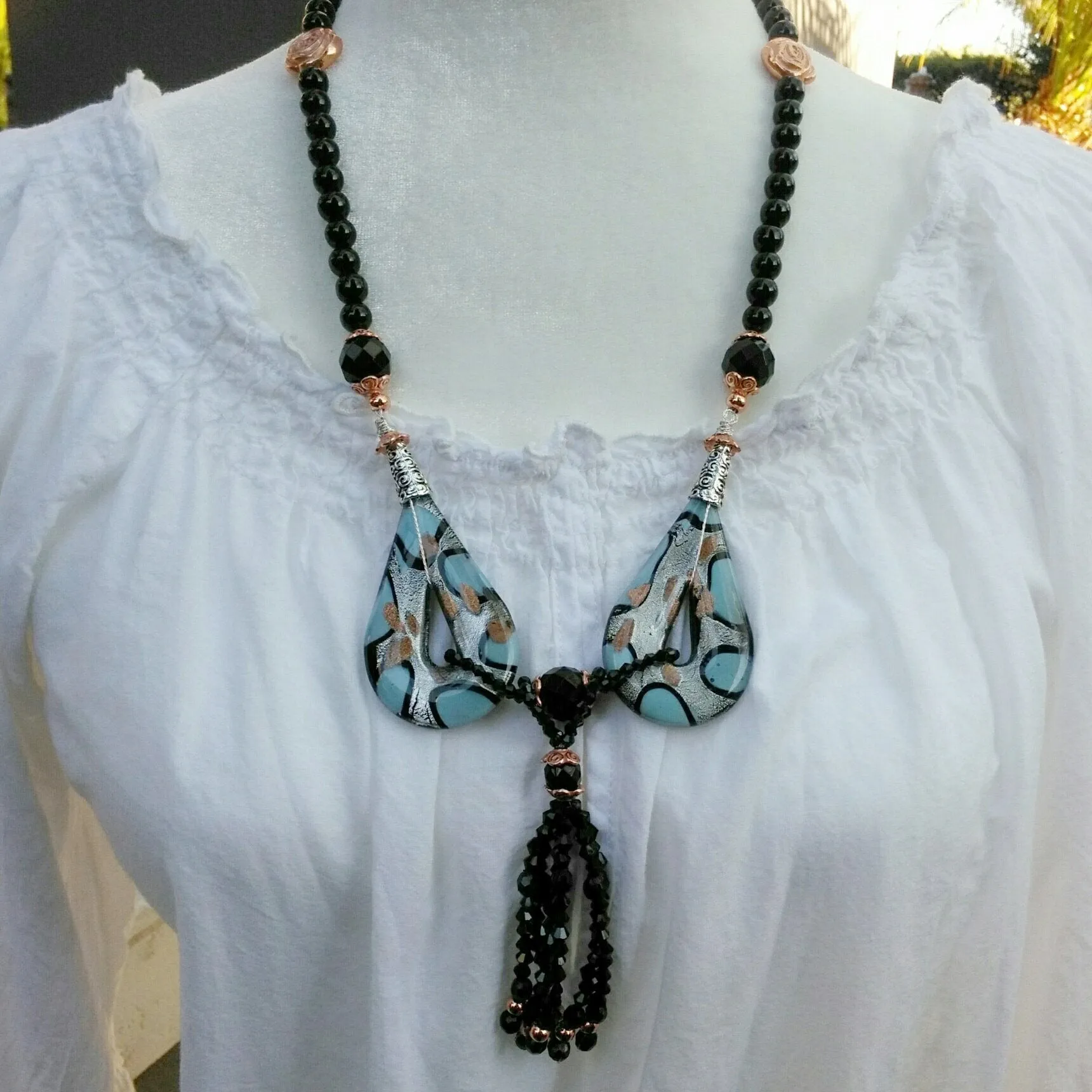 Murano Glass Pendant Tassel Statement Necklace, Handmade Glass Sautoir, Long Statement Necklace