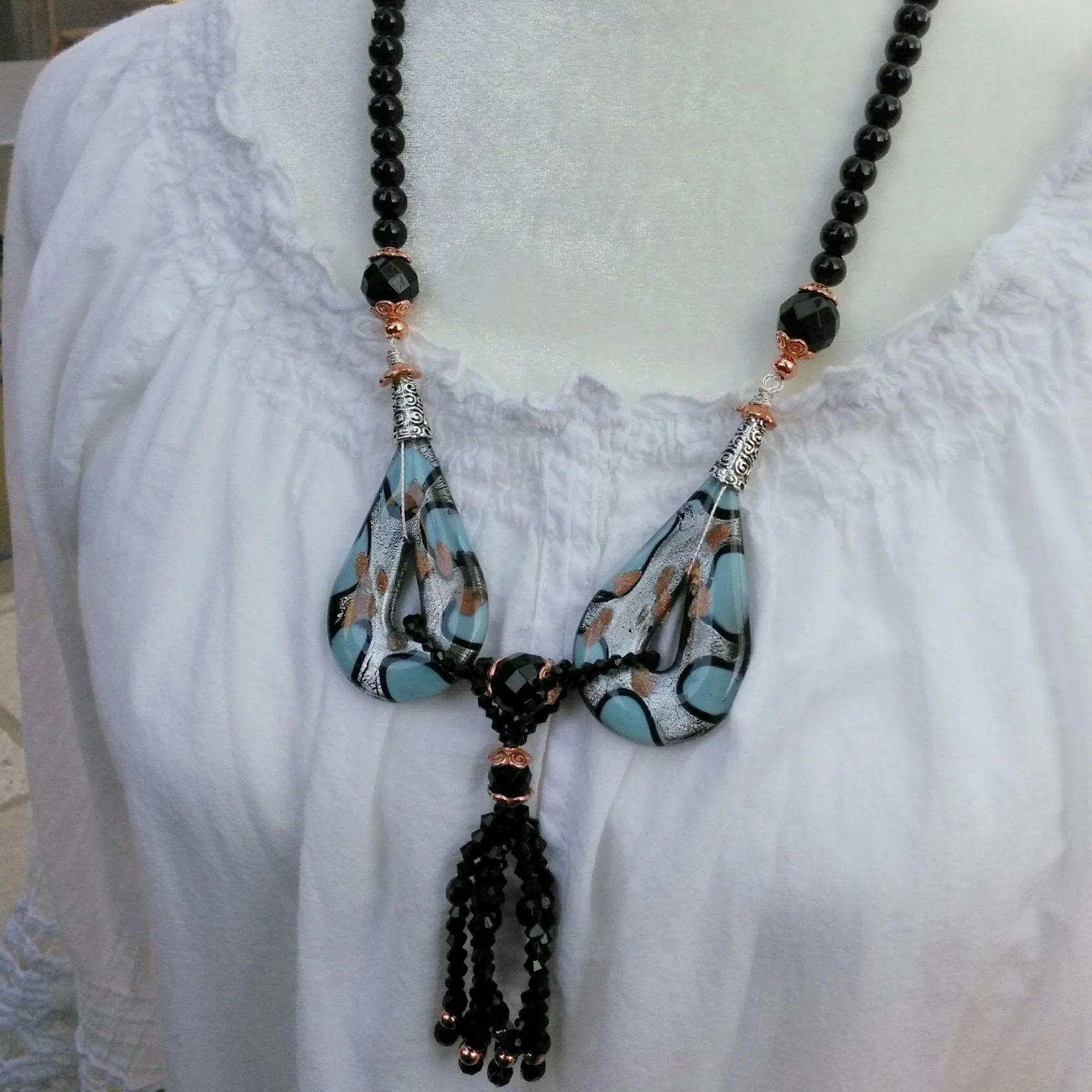 Murano Glass Pendant Tassel Statement Necklace, Handmade Glass Sautoir, Long Statement Necklace