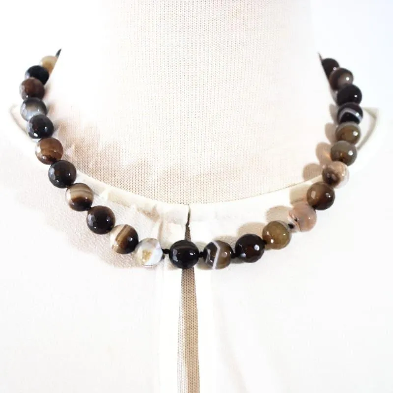 Natural  Brown Onyx Stripe Agate Beaded Necklace