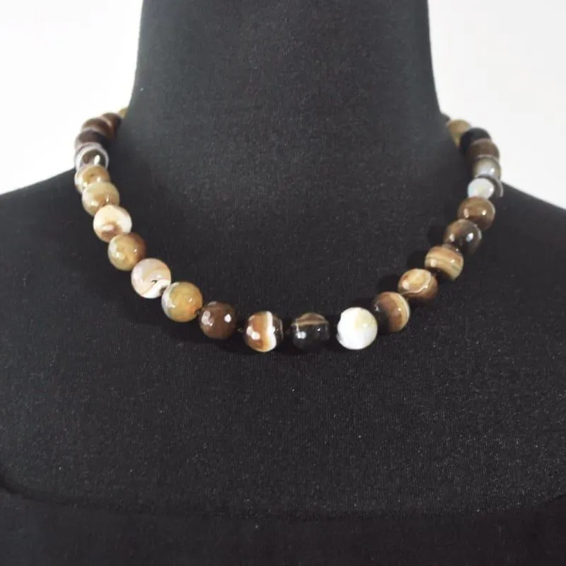 Natural  Brown Onyx Stripe Agate Beaded Necklace