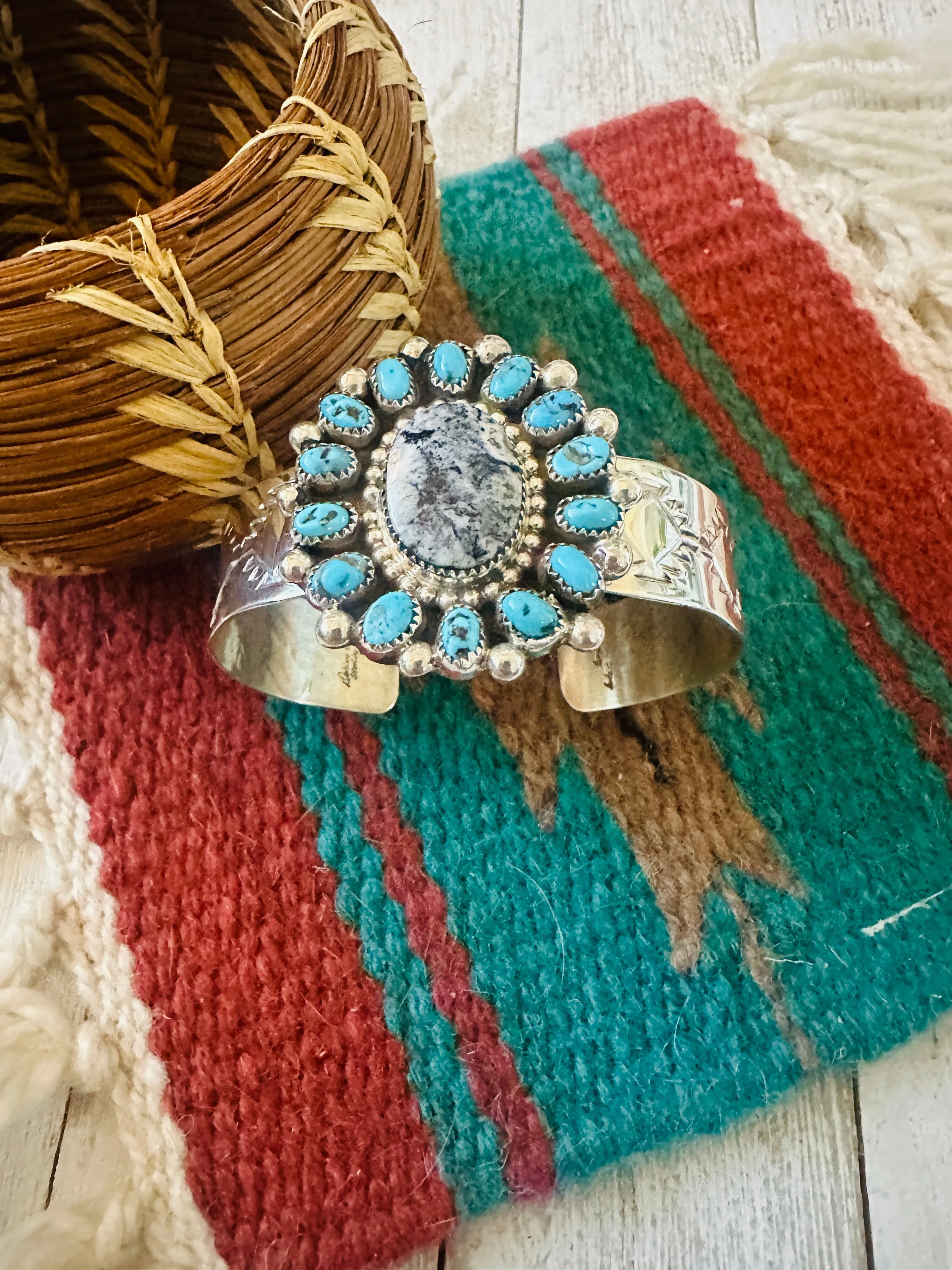 Navajo White Buffalo, Turquoise & Sterling Silver Cluster Cuff Bracelet