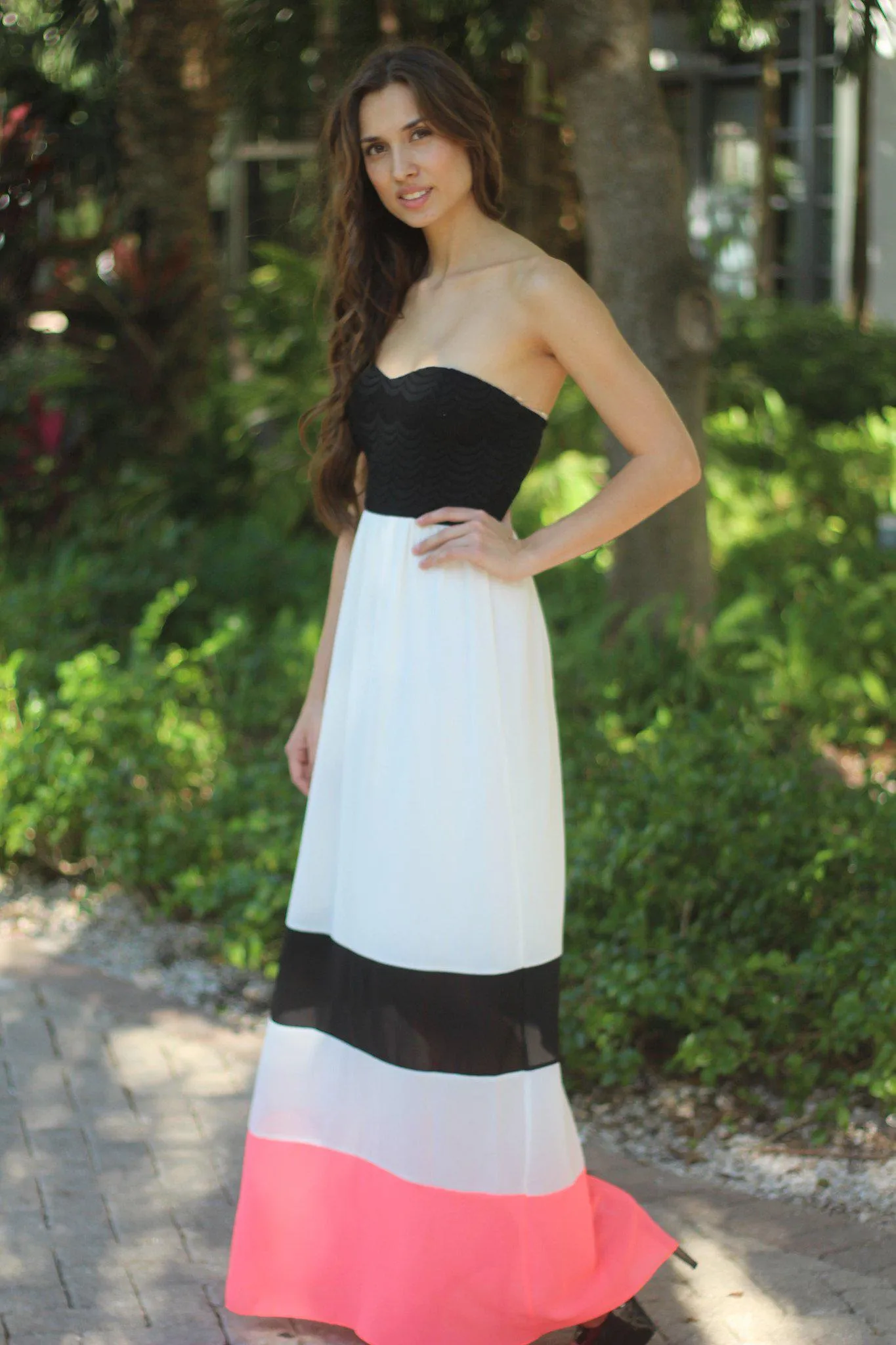 Neon Coral and White Maxi Dress