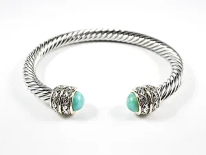 Nice Wire Texture Duo Filigree Style Turquoise Ends Brass Bangle