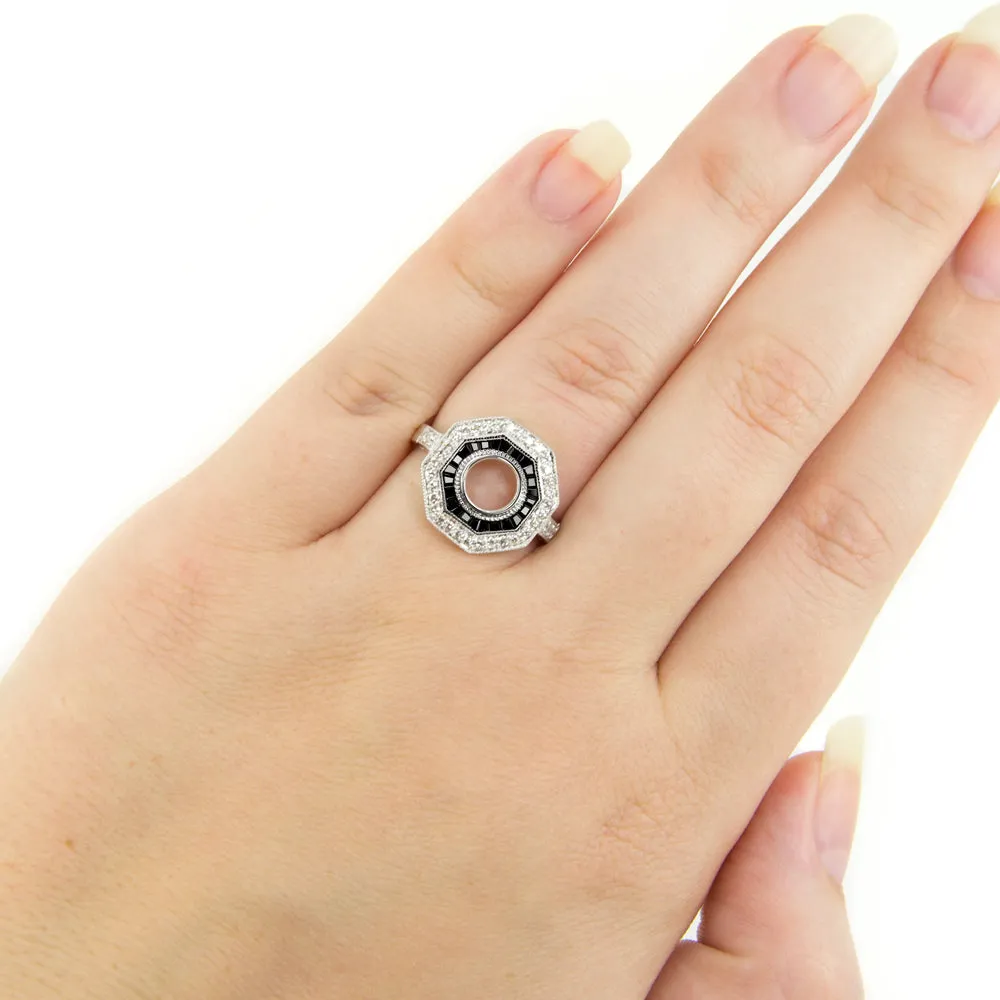 ONYX DIAMOND RING SETTING ROUND VINTAGE STYLE ENGAGEMENT ART DECO SEMI MOUNT