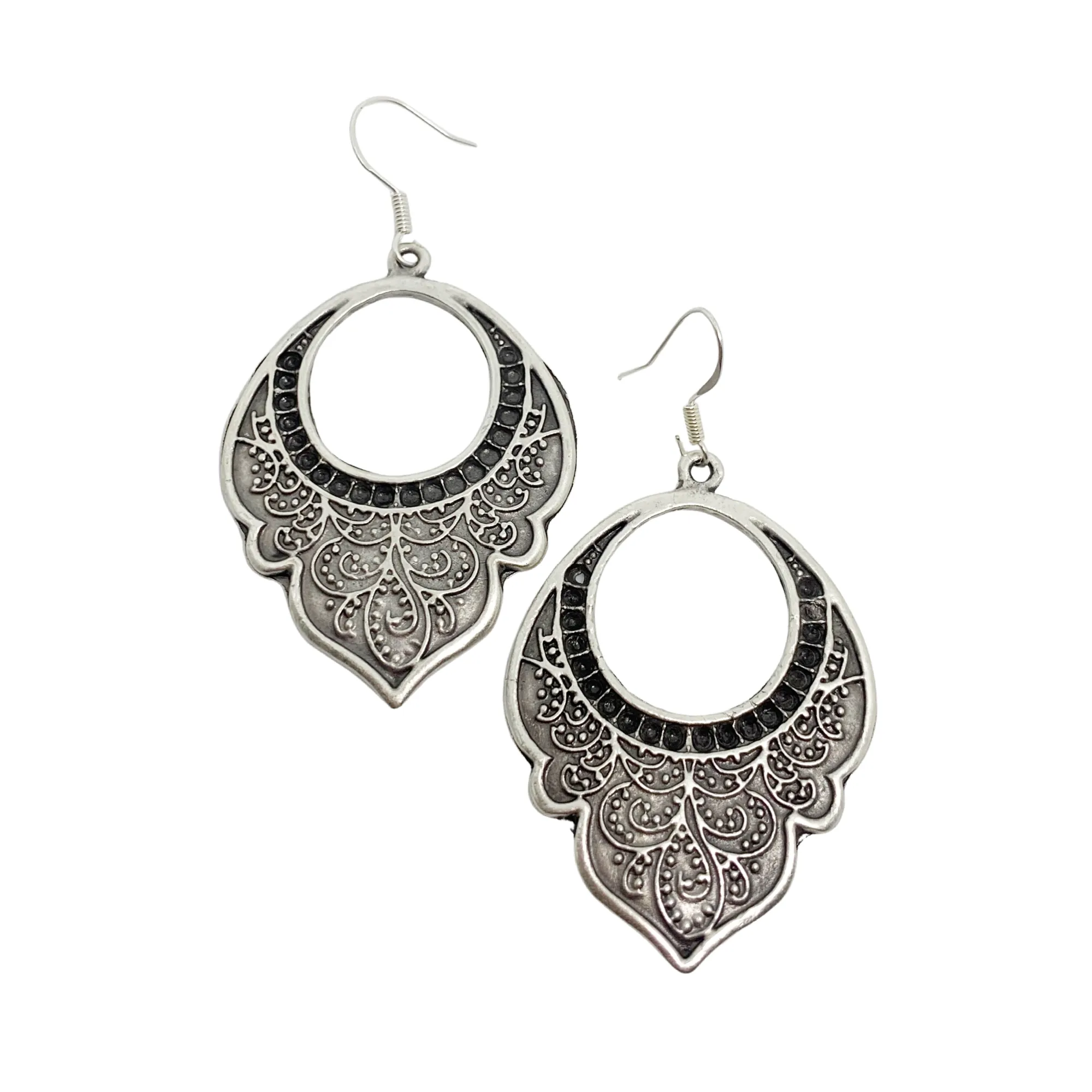 Paisley drops. Filigree, floral, Sterling silver hoop earrings, jewelry.