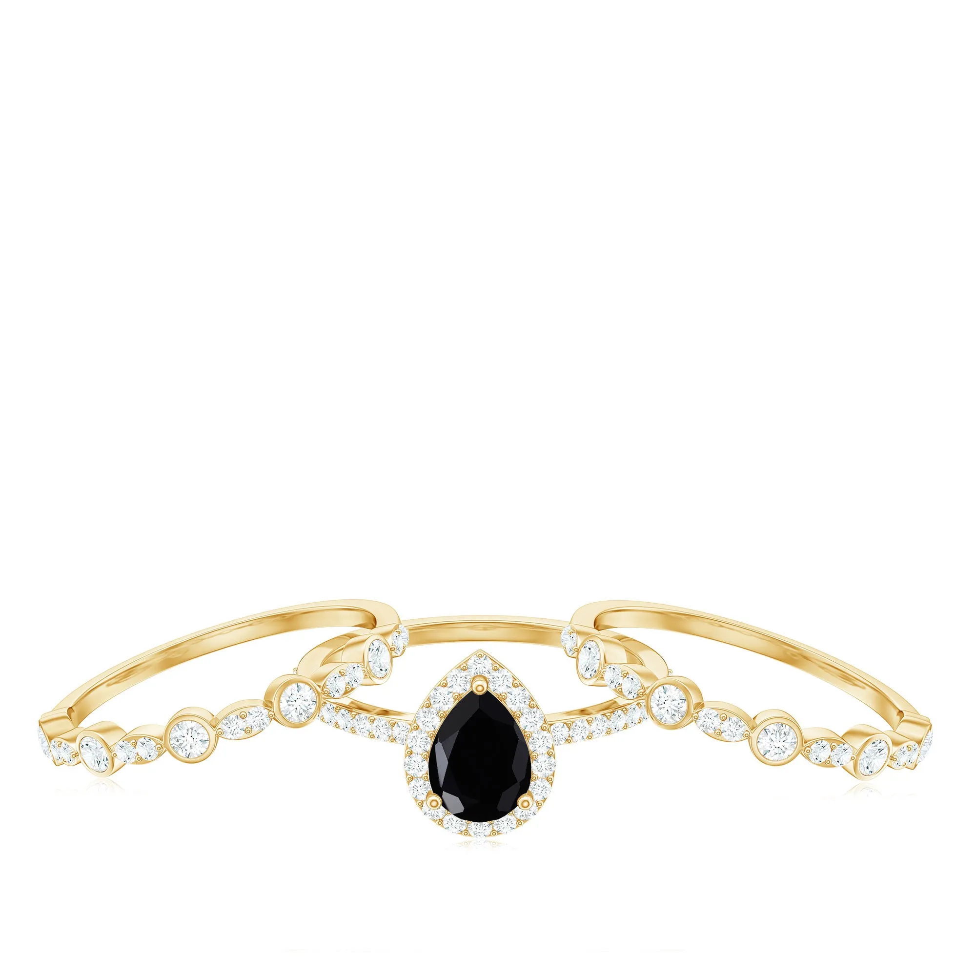 Pear Cut Black Onyx Bridal Trio Ring Set with Moissanite Band